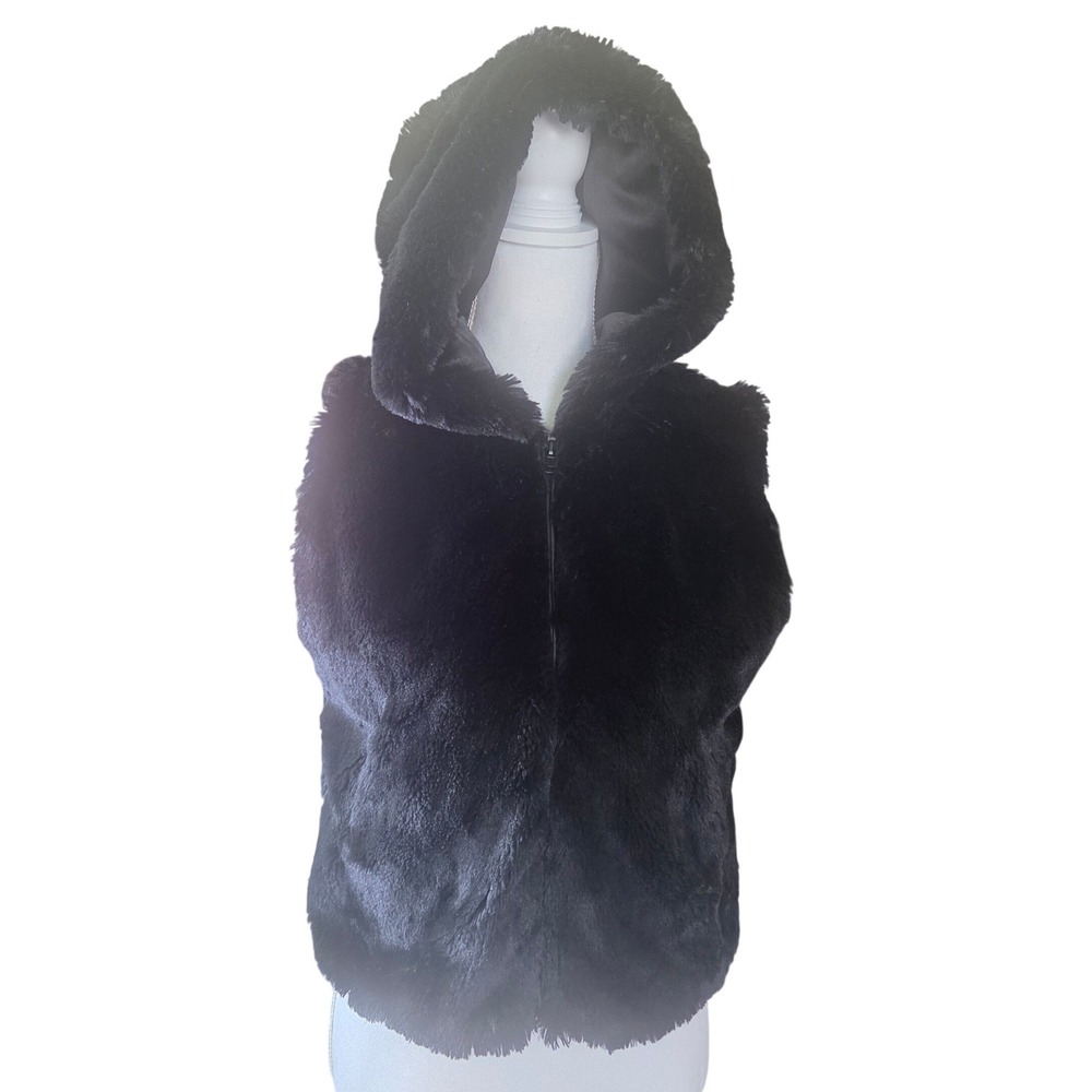 Cejon Black Faux Fur Hooded Vest Zip Front Small Mob Wife Whimsigoth Goth Y2K